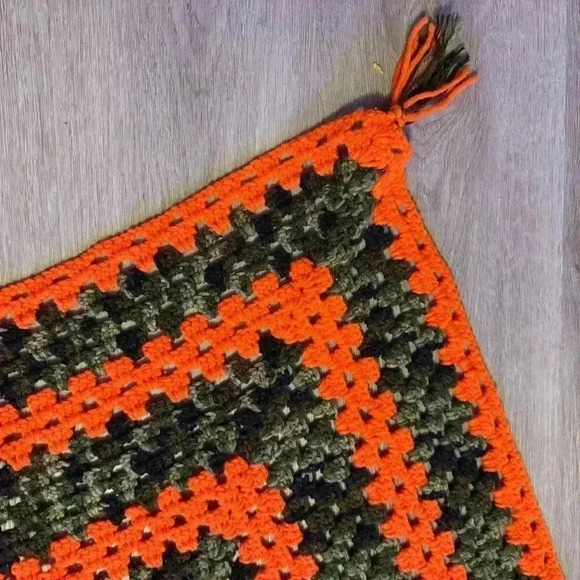 Handmade crocheted baby afghan blanket in orange & camo with tassels on corners - Picture 4 of 5